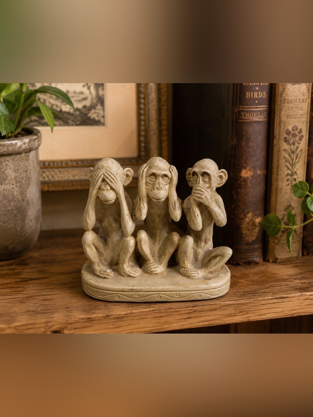 Vintage Three Wise Monkeys Carved Bone Figurine • Neutral Tone Statue • 5in long